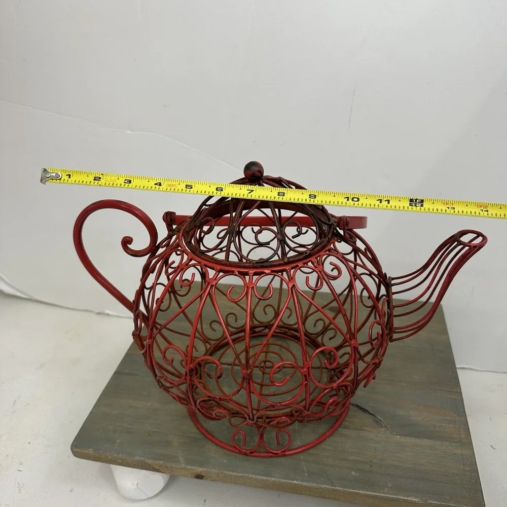Vtg Large Metal Teapot Basket Filigree Tea Time Metal Home Decor Rustic W Handle